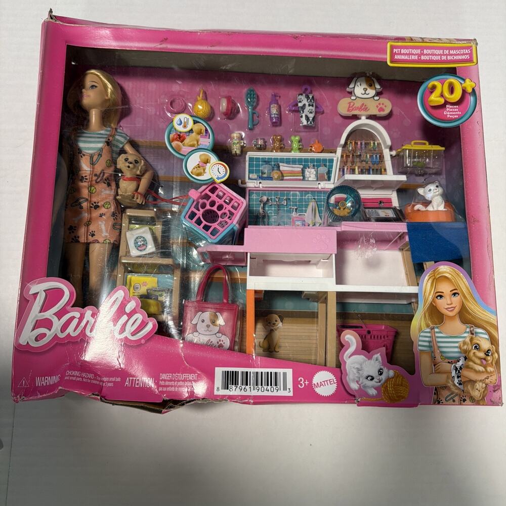 Barbie Doll Pet Boutique Playset 20+pcs Mattel Dog Cat Hamster Damaged Box